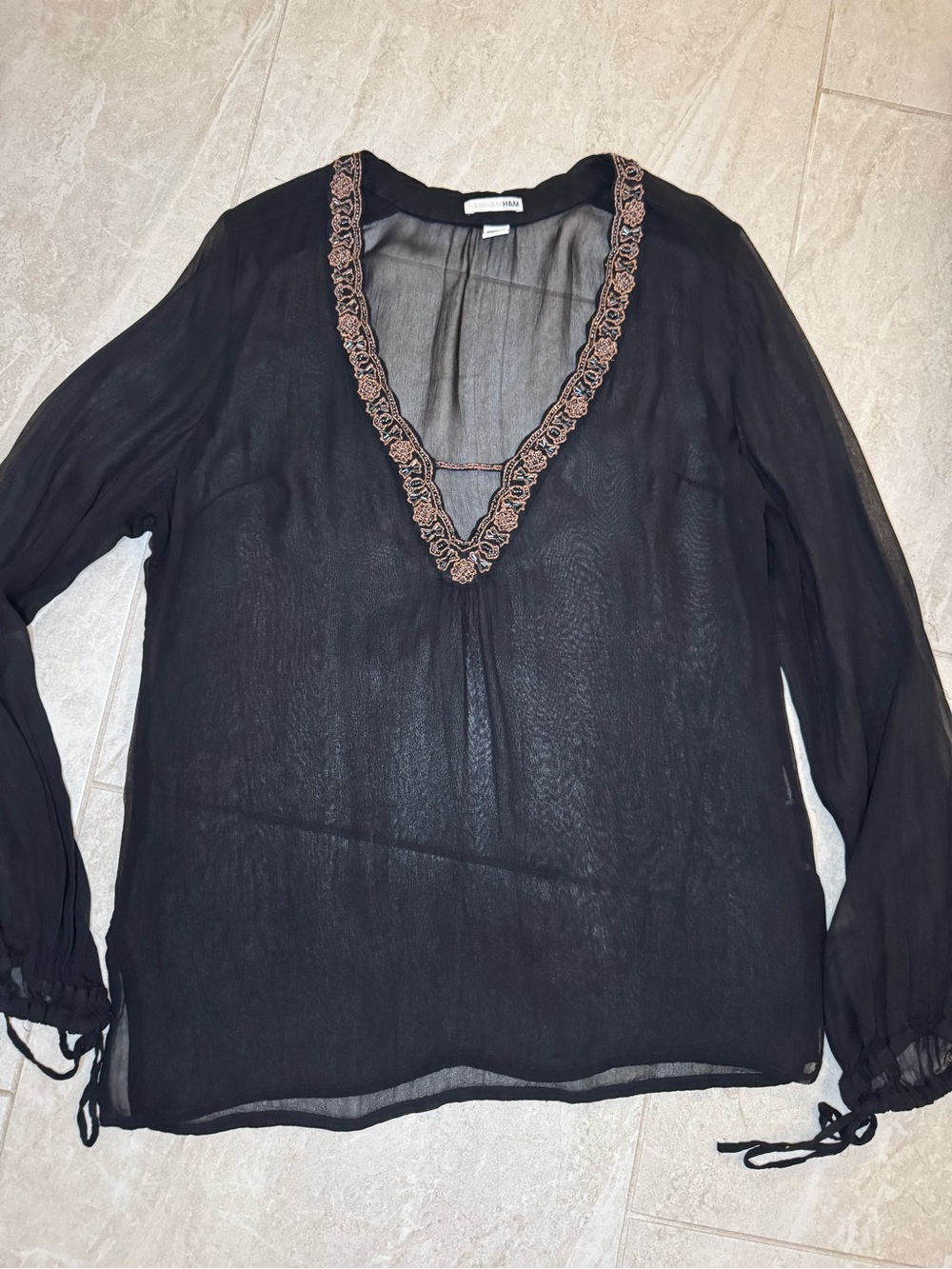 H&M Black Sheer V-Neck Blouse with Brown Embroidered Trim